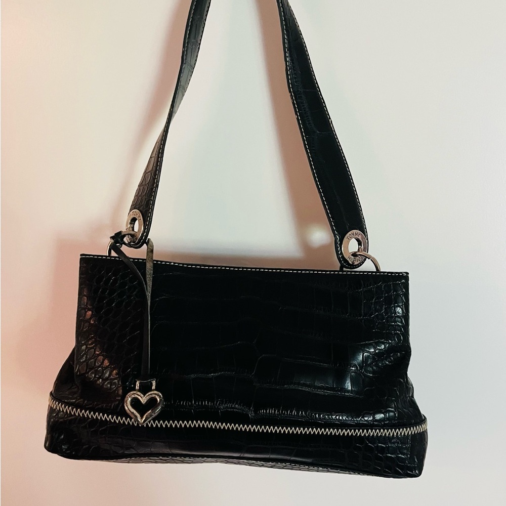 Tommy Hilfiger Vintage Sophisticated Black Snake Patter Shoulder Bag Heart Charm